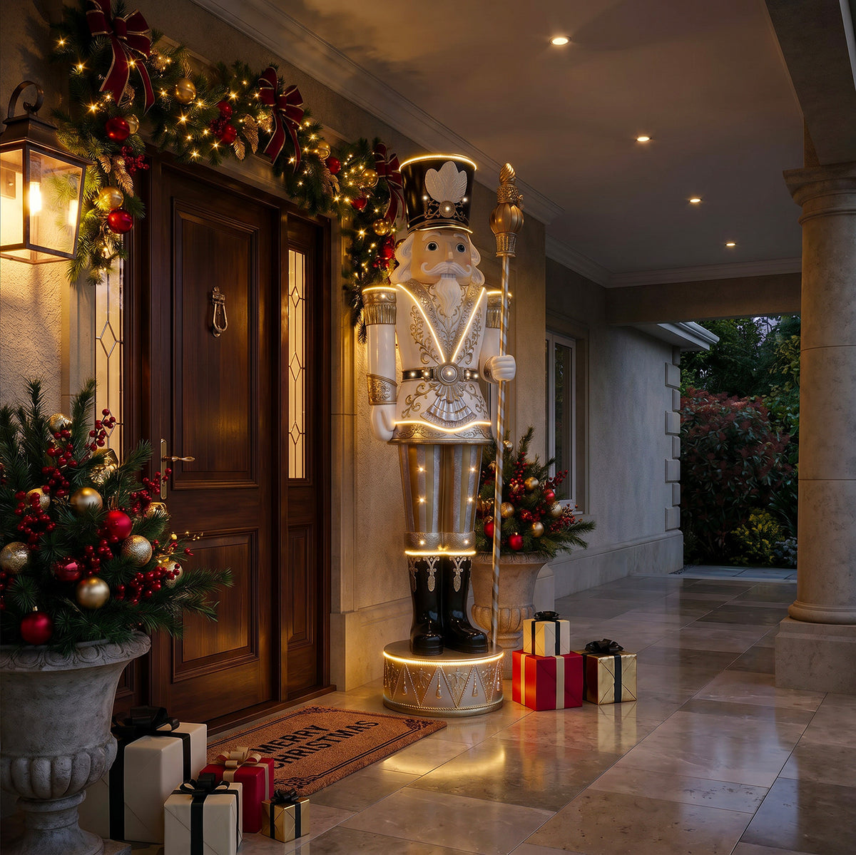 9ft Traditional Christmas Nutcracker Gold & Ivory with Warm White LED Strip Lights