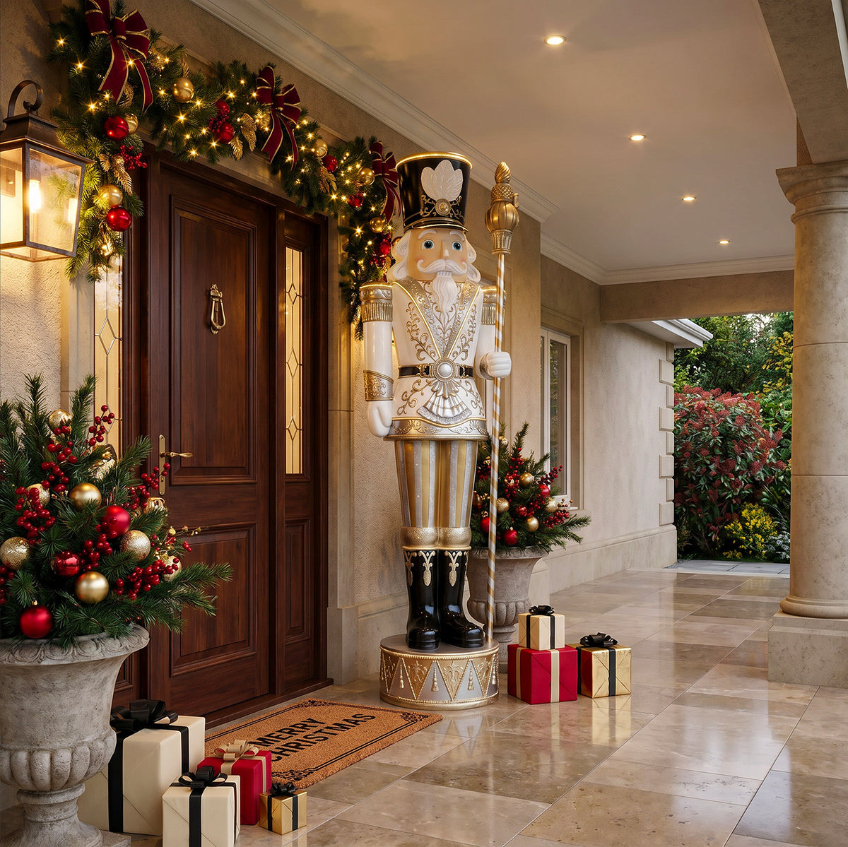 9ft Traditional Christmas Nutcracker Gold & Ivory with Warm White LED Strip Lights