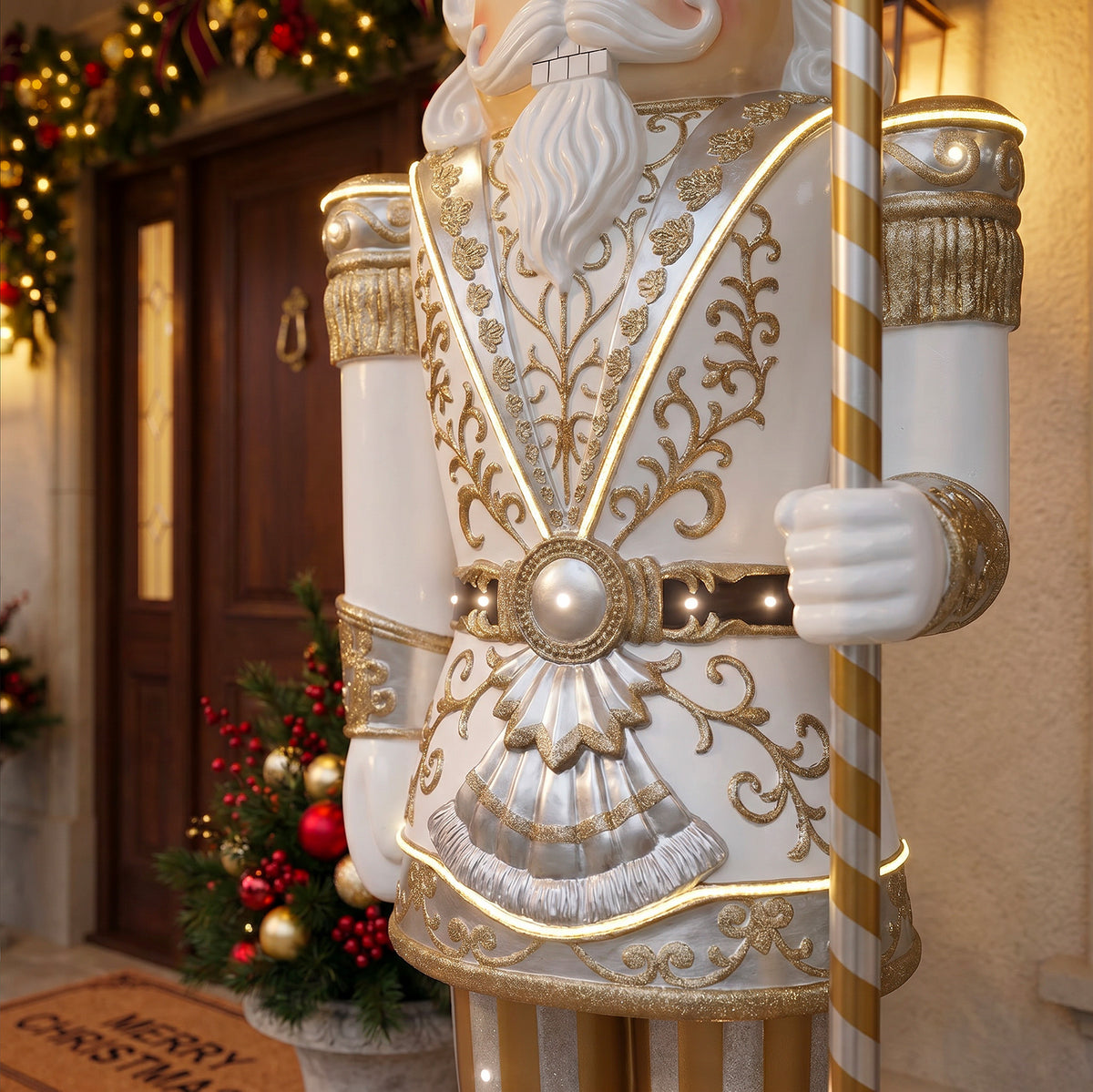 9ft Traditional Christmas Nutcracker Gold & Ivory with Warm White LED Strip Lights