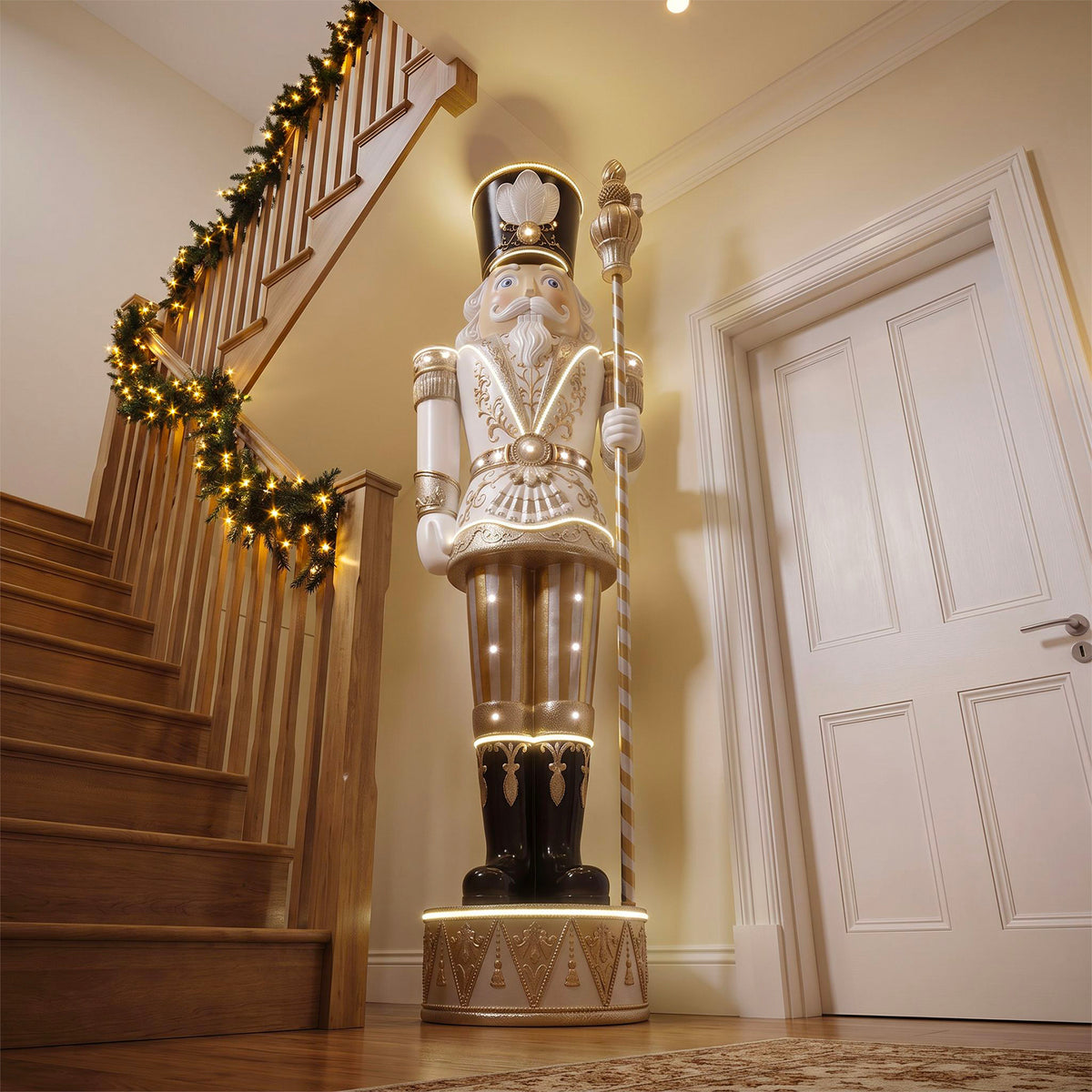 9ft Traditional Christmas Nutcracker Gold & Ivory with Warm White LED Strip Lights