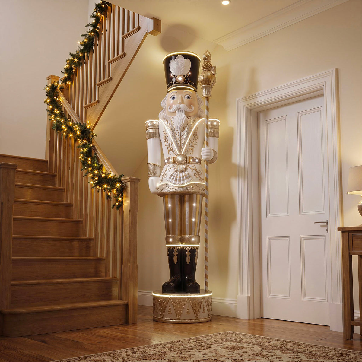 9ft Traditional Christmas Nutcracker Gold & Ivory with Warm White LED Strip Lights