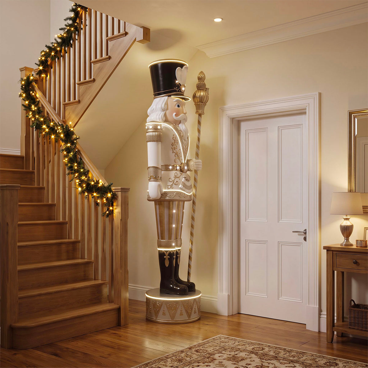 9ft Traditional Christmas Nutcracker Gold & Ivory with Warm White LED Strip Lights