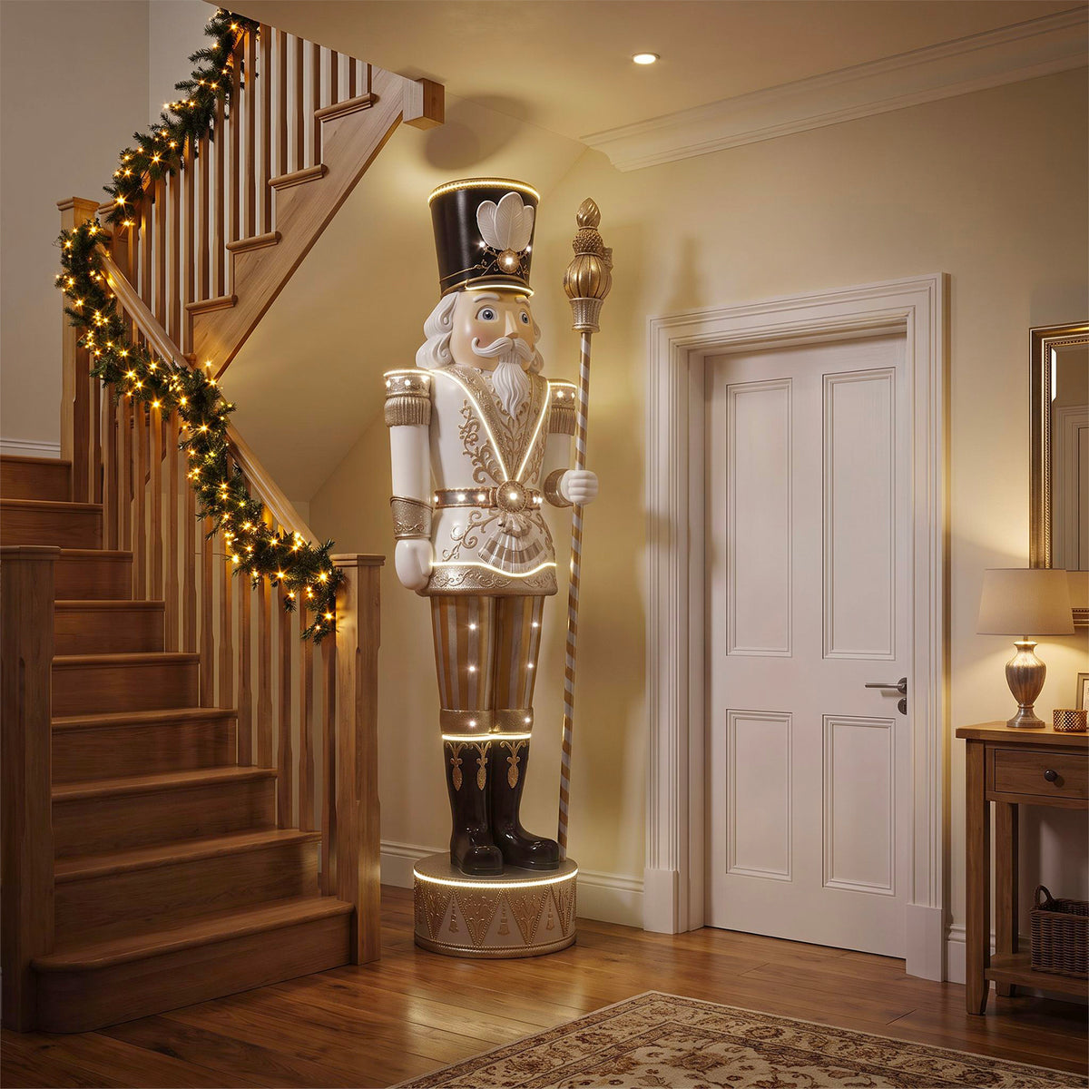 9ft Traditional Christmas Nutcracker Gold & Ivory with Warm White LED Strip Lights