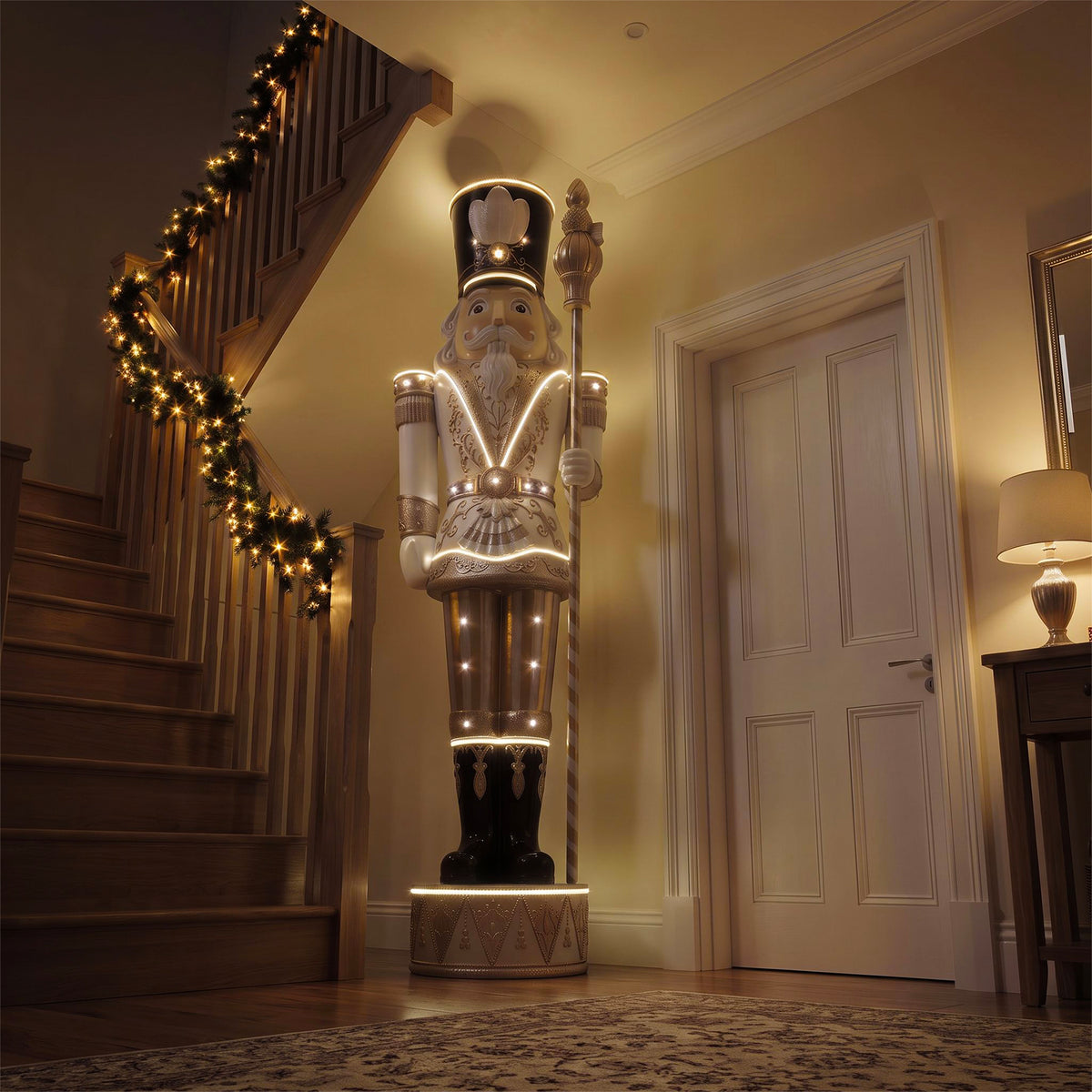 9ft Traditional Christmas Nutcracker Gold & Ivory with Warm White LED Strip Lights