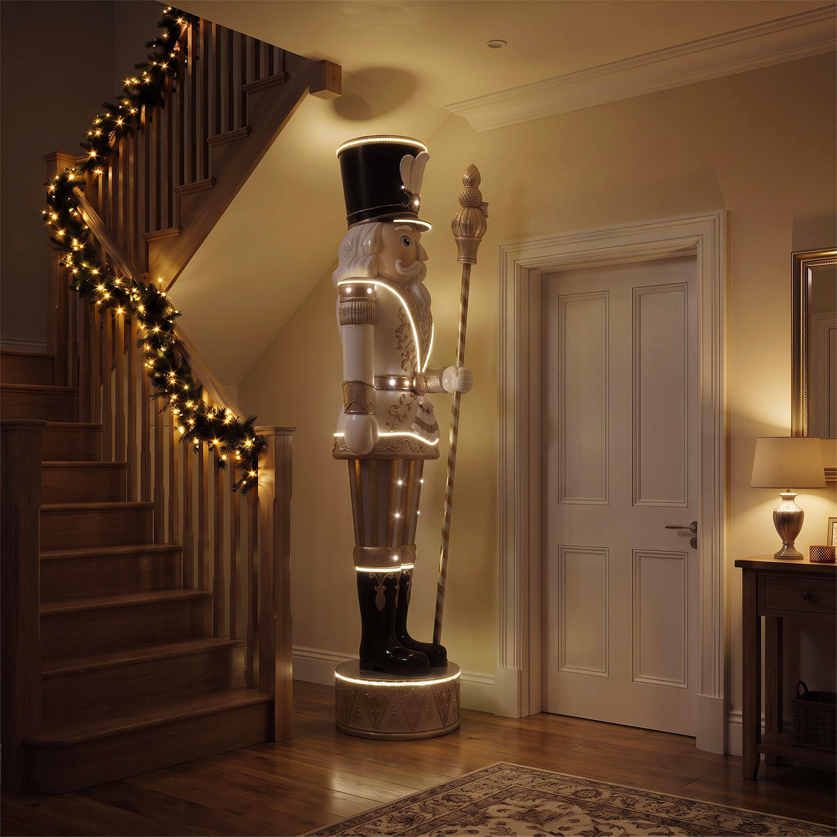 9ft Traditional Christmas Nutcracker Gold & Ivory with Warm White LED Strip Lights