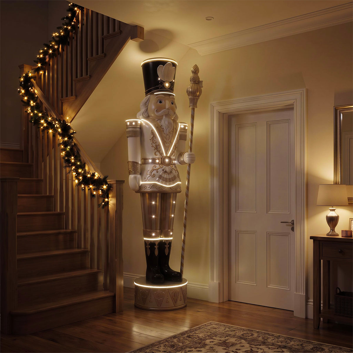 9ft Traditional Christmas Nutcracker Gold & Ivory with Warm White LED Strip Lights