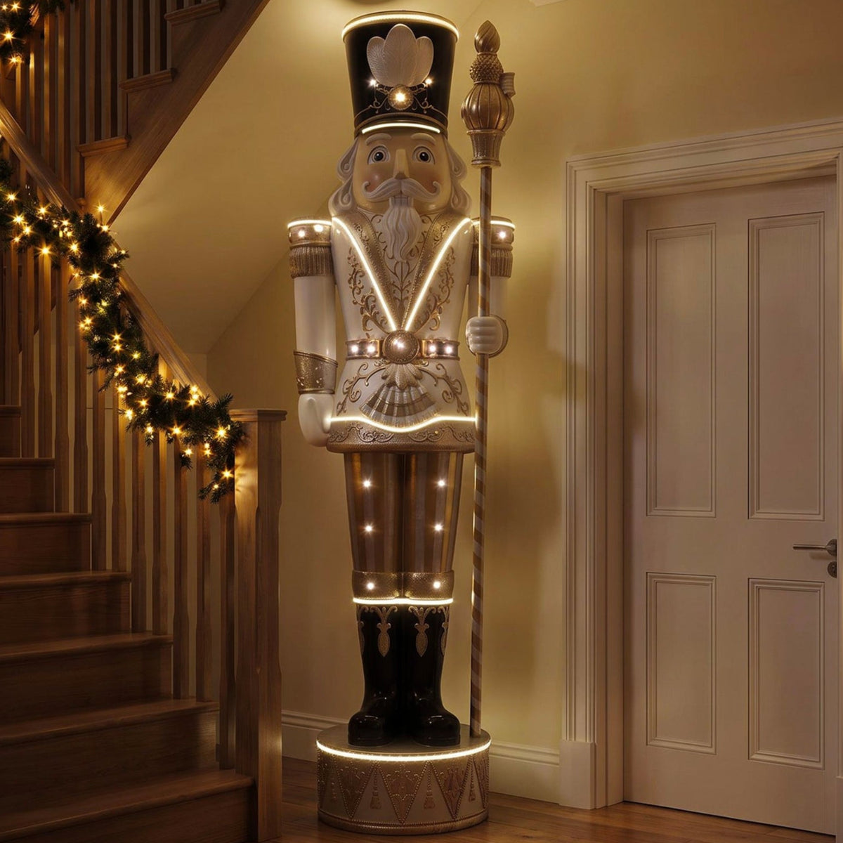9ft Traditional Christmas Nutcracker Gold & Ivory with Warm White LED Strip Lights