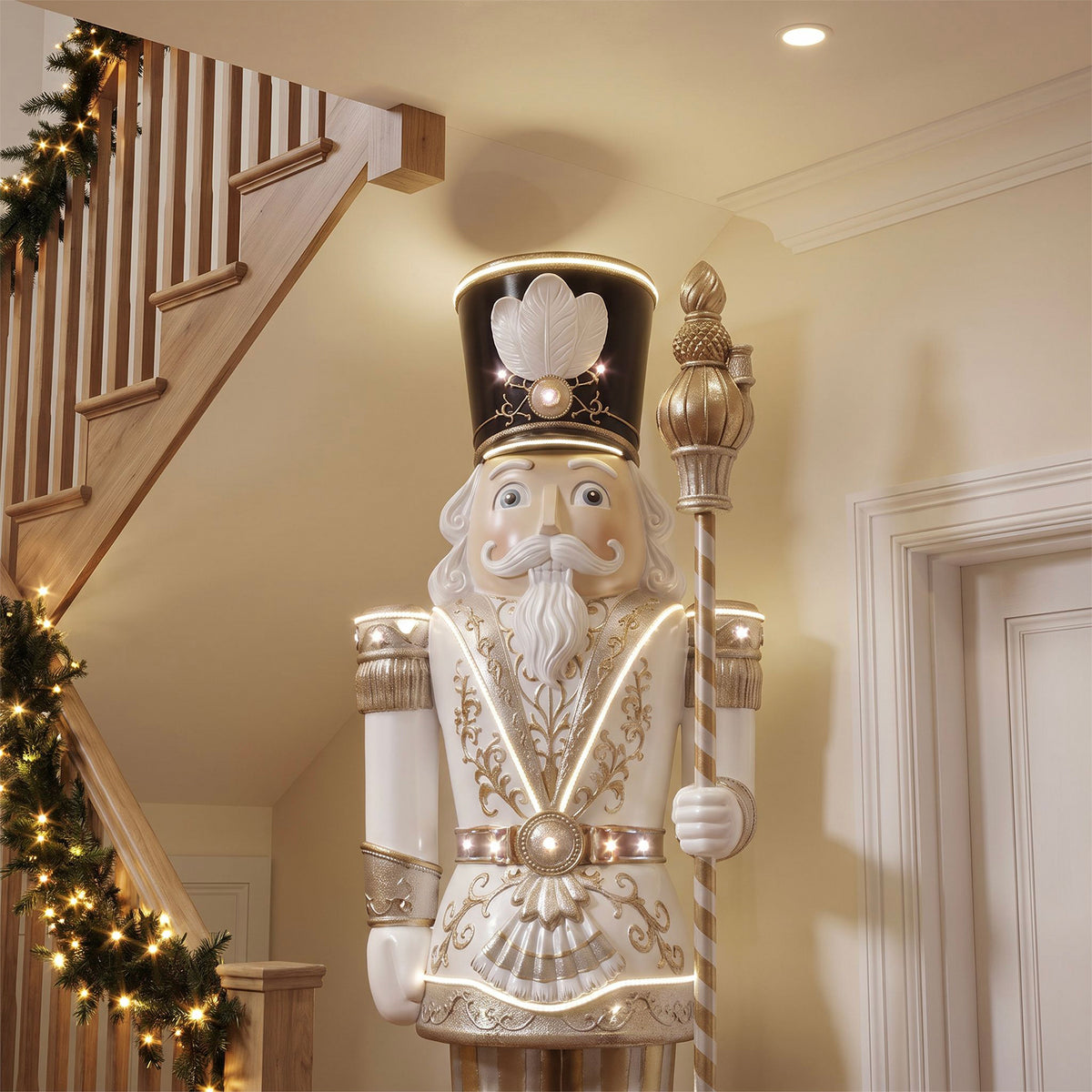 9ft Traditional Christmas Nutcracker Gold & Ivory with Warm White LED Strip Lights