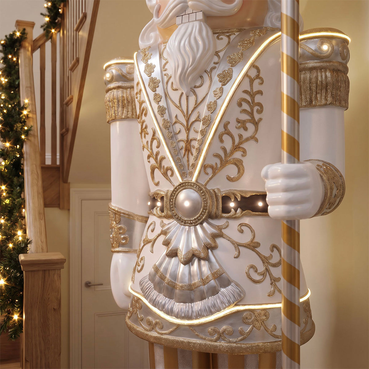 9ft Traditional Christmas Nutcracker Gold & Ivory with Warm White LED Strip Lights
