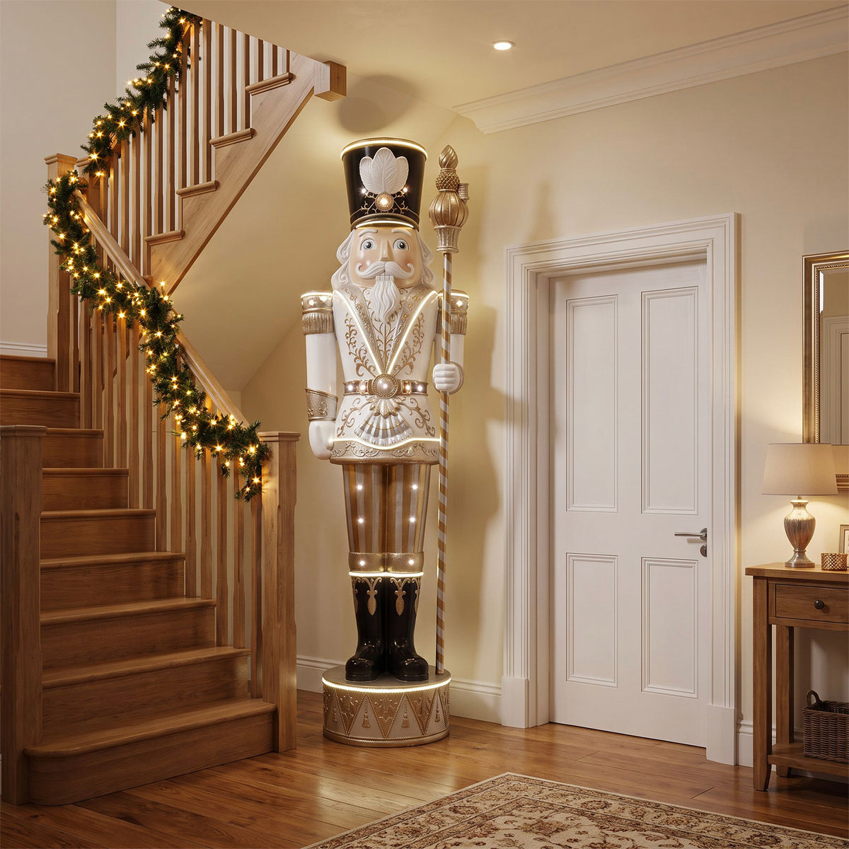 9ft Traditional Christmas Nutcracker Gold & Ivory with Warm White LED Strip Lights