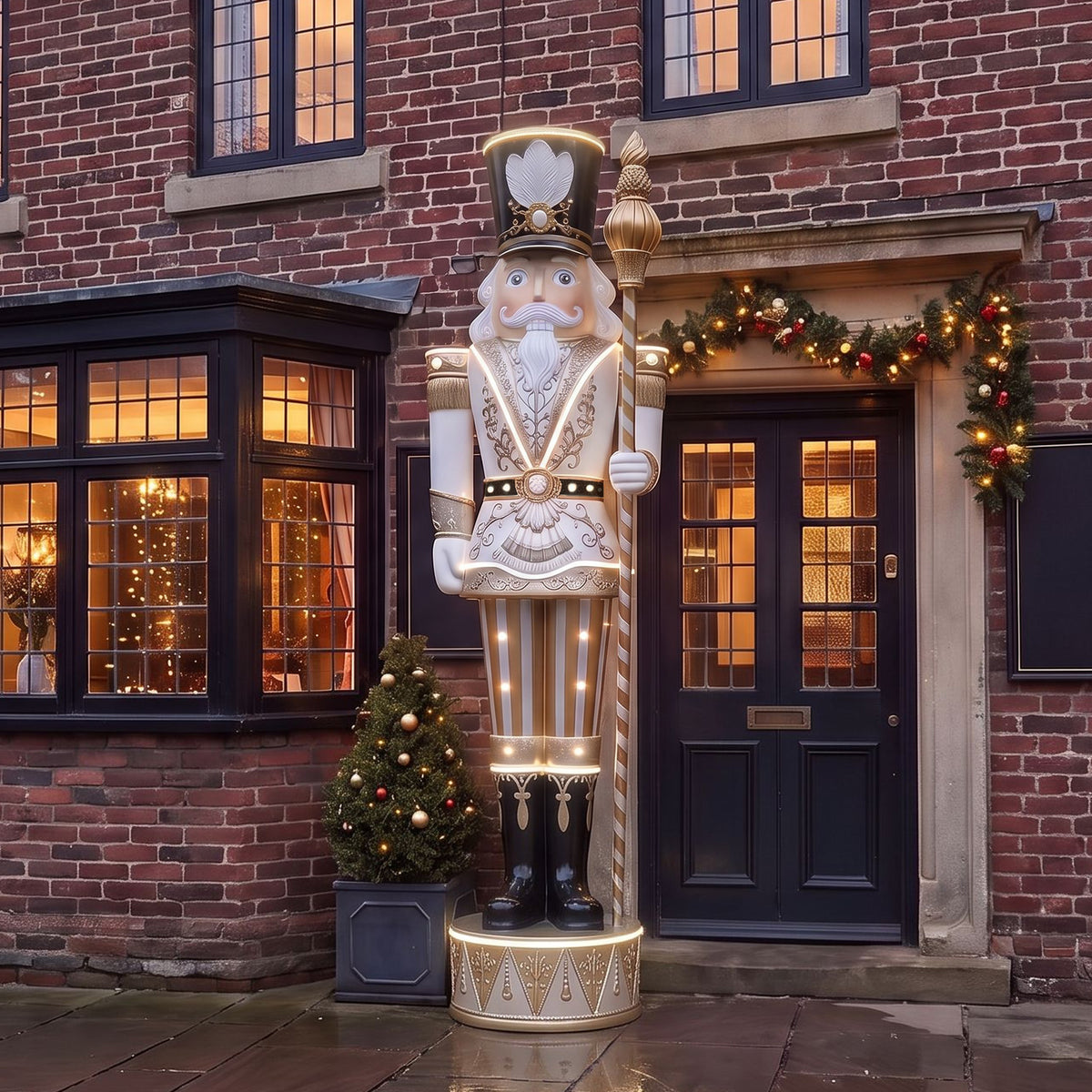 Huge 9ft Traditional Giant Christmas Nutcracker Gold & Ivory with Warm White LED Strip Lights