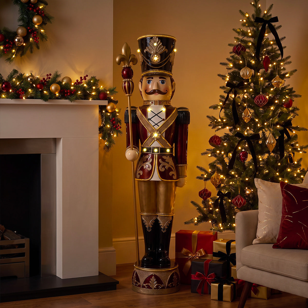 6ft Traditional Soldier Nutcracker Burgundy with Warm White LED Strip Lights