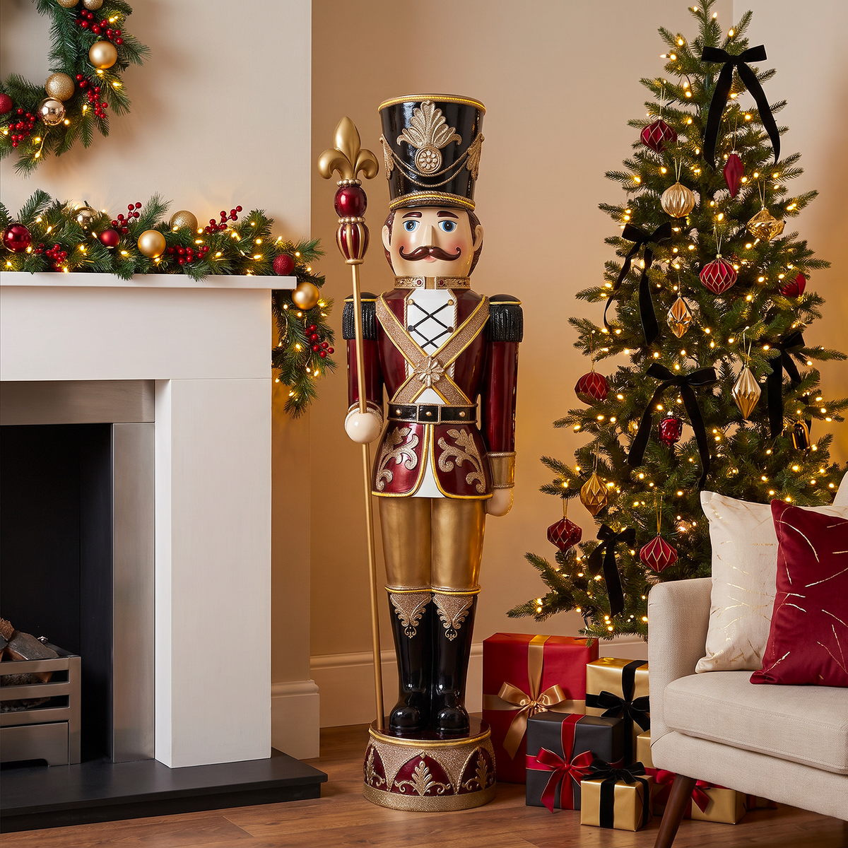 6ft Traditional Soldier Nutcracker Burgundy with Warm White LED Strip Lights