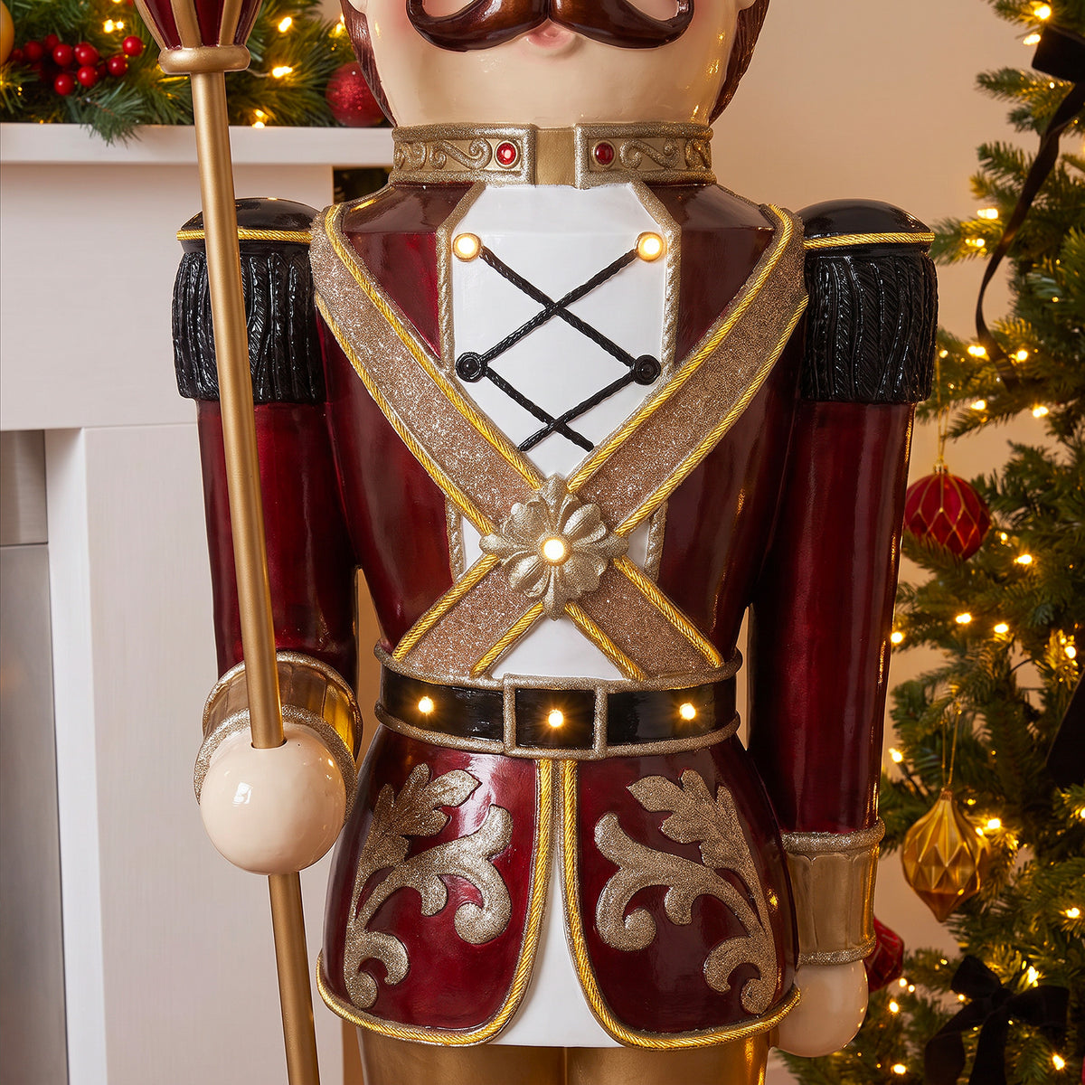 6ft Traditional Soldier Nutcracker Burgundy with Warm White LED Strip Lights