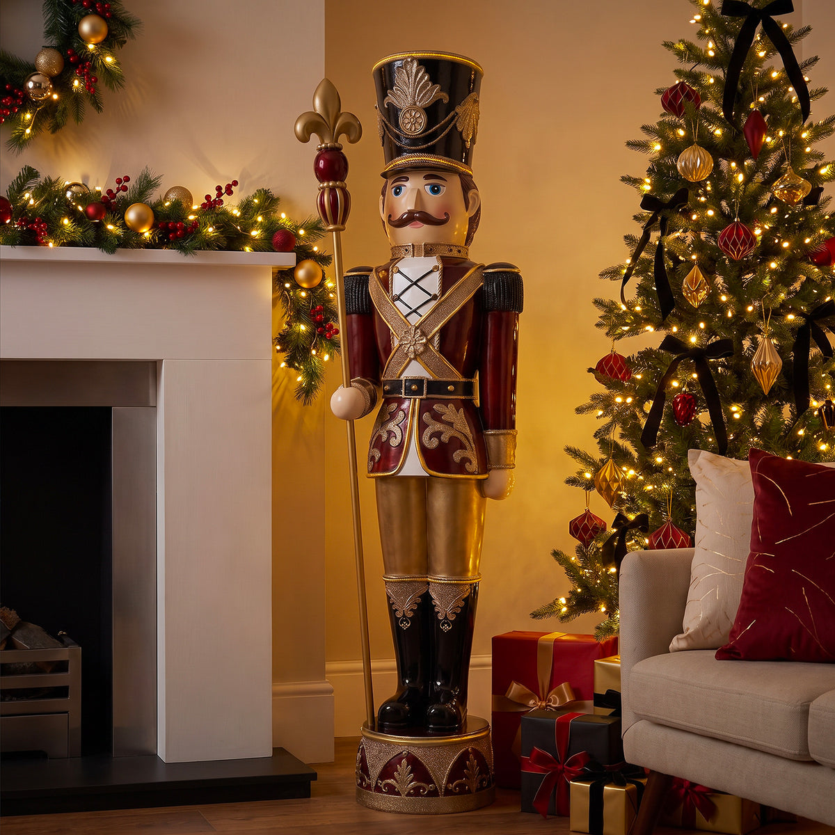 6ft Traditional Soldier Nutcracker Burgundy with Warm White LED Strip Lights