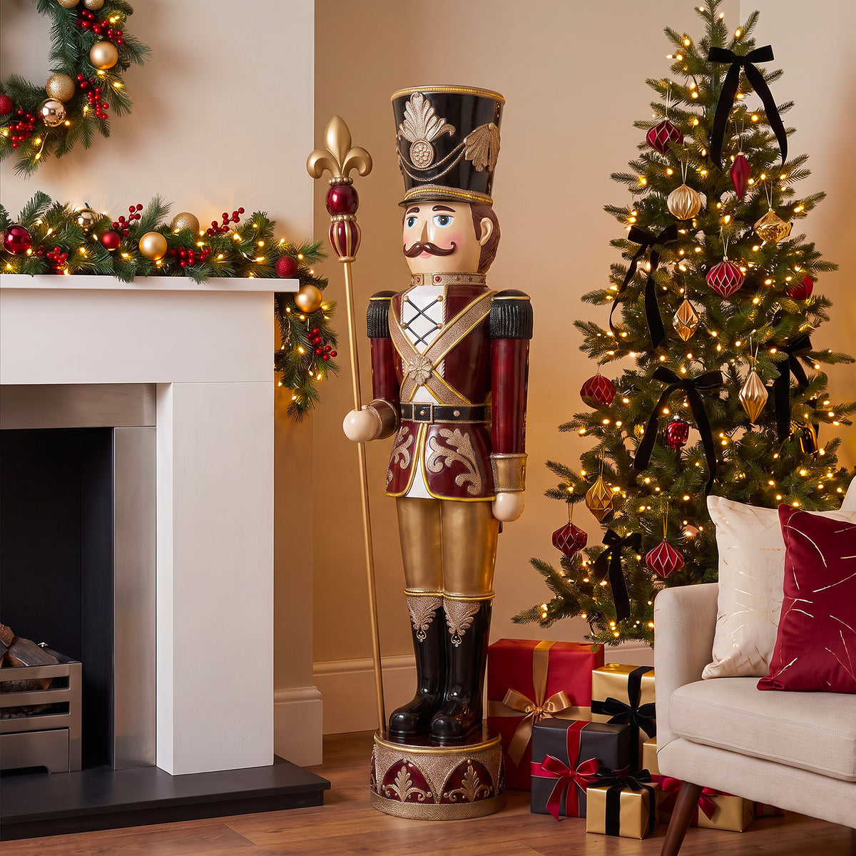 6ft Traditional Soldier Nutcracker Burgundy with Warm White LED Strip Lights