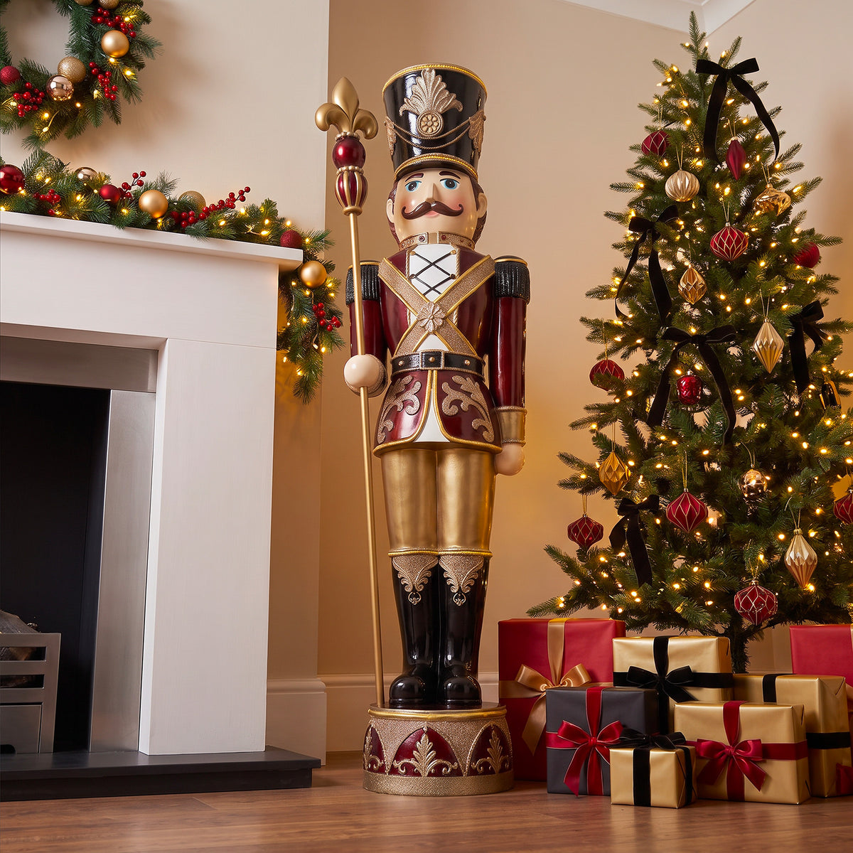6ft Traditional Soldier Nutcracker Burgundy with Warm White LED Strip Lights