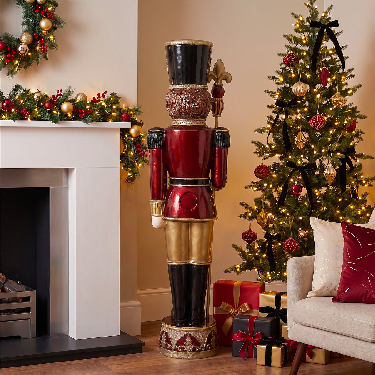 6ft Traditional Soldier Nutcracker Burgundy with Warm White LED Strip Lights