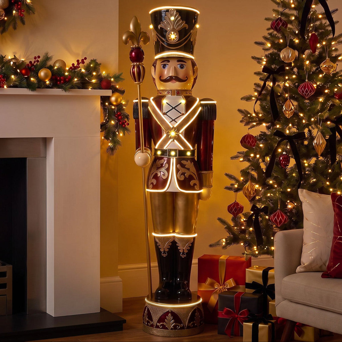 6ft Traditional Soldier Nutcracker Burgundy with Warm White LED Strip Lights