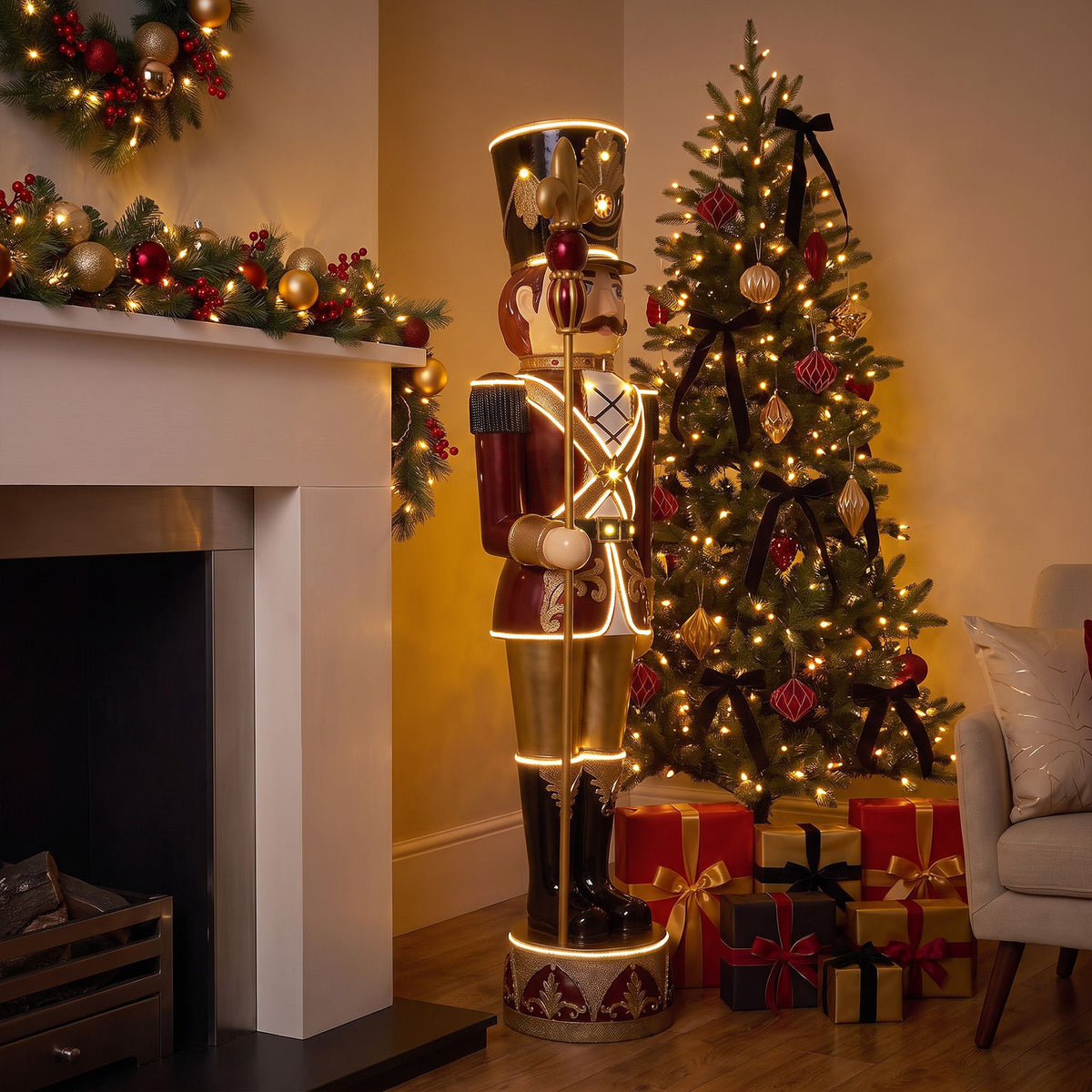 6ft Traditional Soldier Nutcracker Burgundy with Warm White LED Strip Lights