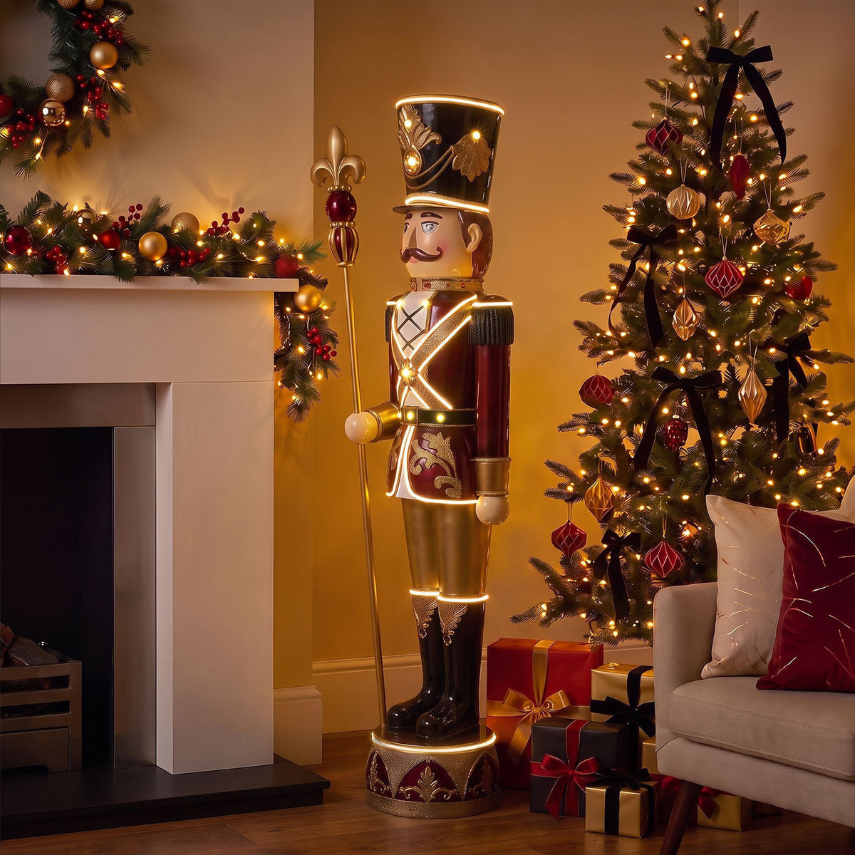 6ft Traditional Soldier Nutcracker Burgundy with Warm White LED Strip Lights