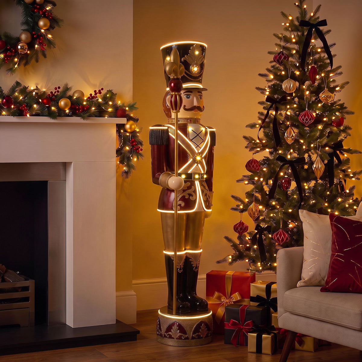 6ft Traditional Soldier Nutcracker Burgundy with Warm White LED Strip Lights