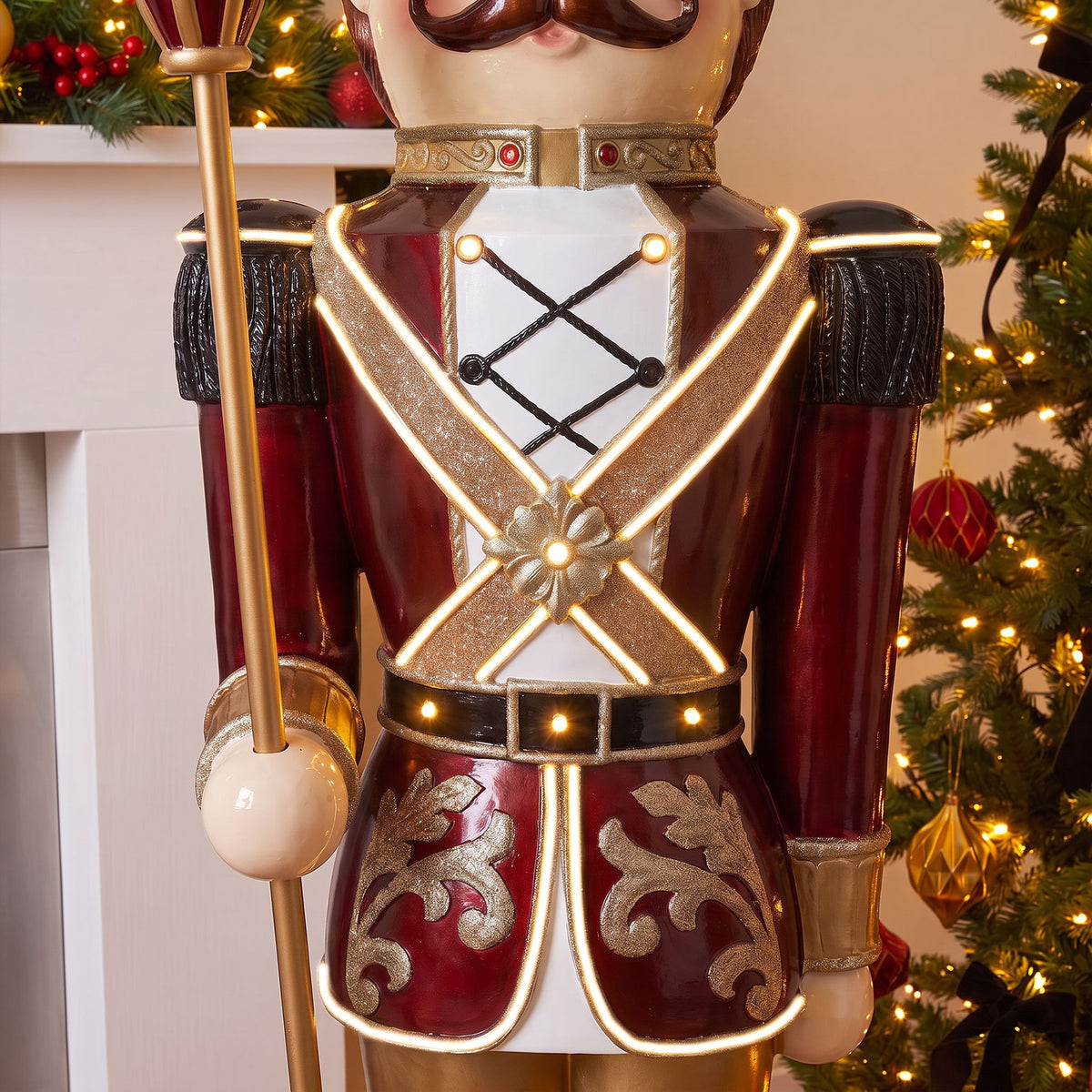 6ft Traditional Soldier Nutcracker Burgundy with Warm White LED Strip Lights
