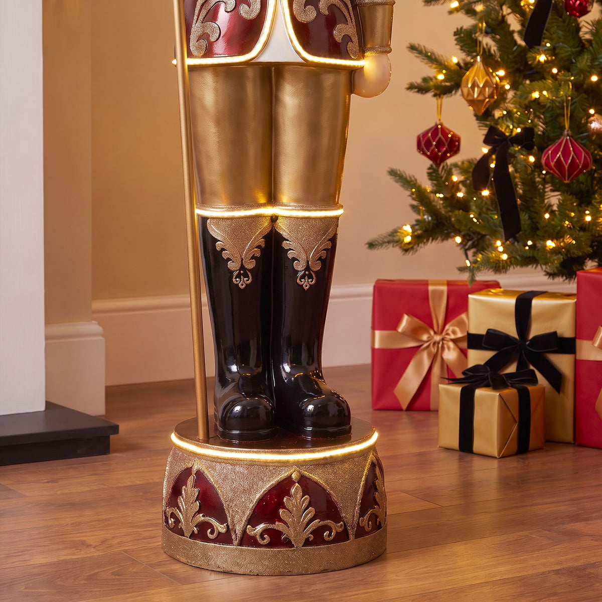 6ft Traditional Soldier Nutcracker Burgundy with Warm White LED Strip Lights