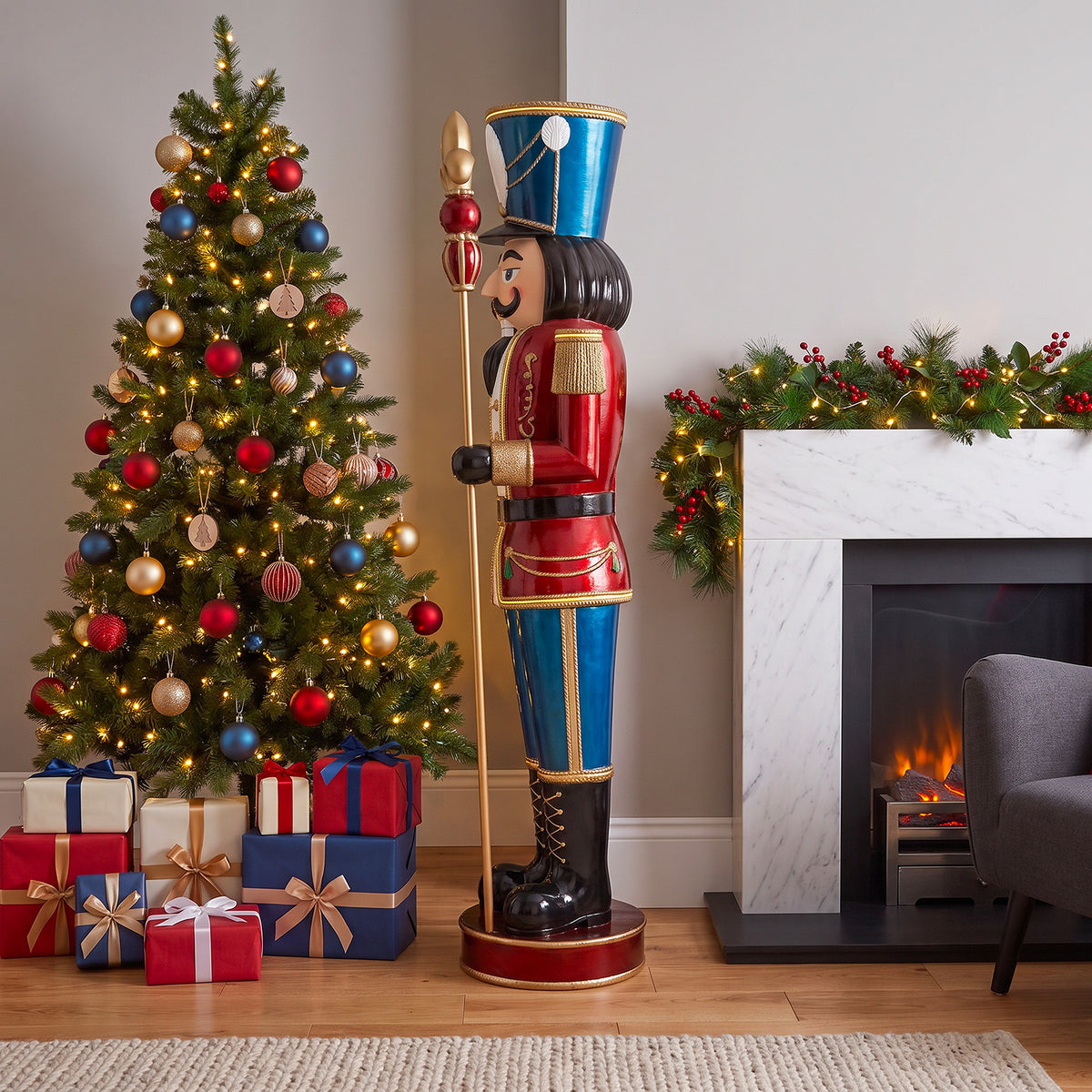 6ft Traditional Christmas Nutcracker Red White & Blue with Warm White LED Strip Lights