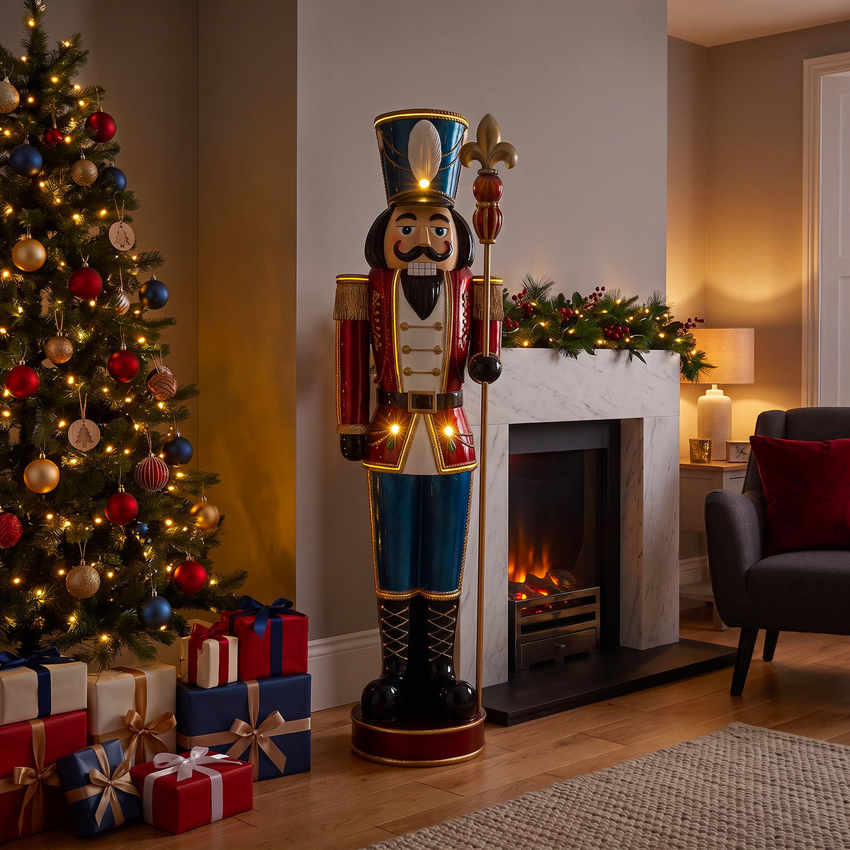 6ft Traditional Christmas Nutcracker Red White & Blue with Warm White LED Strip Lights