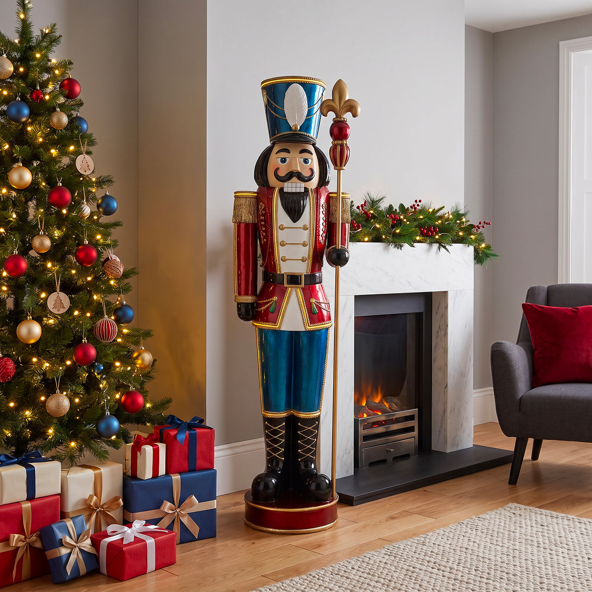 6ft Traditional Christmas Nutcracker Red White & Blue with Warm White LED Strip Lights