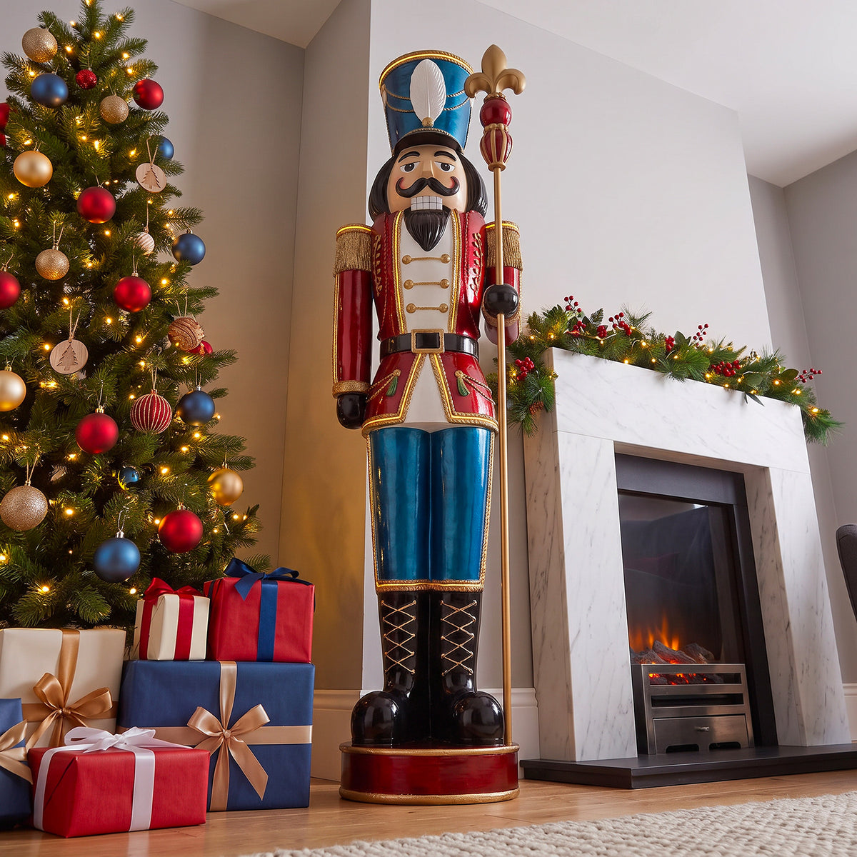 6ft Traditional Christmas Nutcracker Red White & Blue with Warm White LED Strip Lights