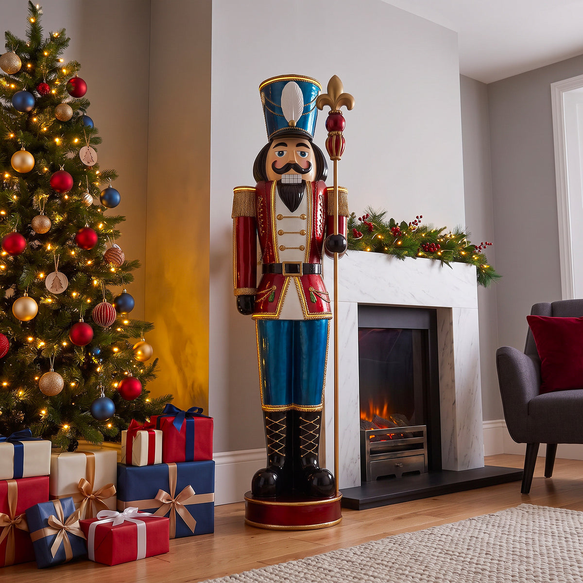 6ft Traditional Christmas Nutcracker Red White & Blue with Warm White LED Strip Lights