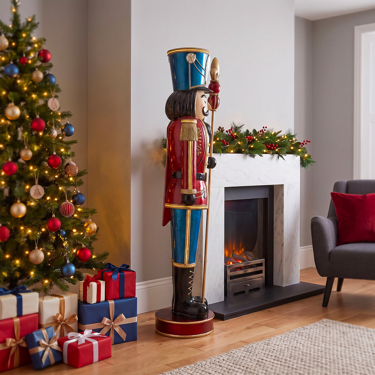6ft Traditional Christmas Nutcracker Red White & Blue with Warm White LED Strip Lights