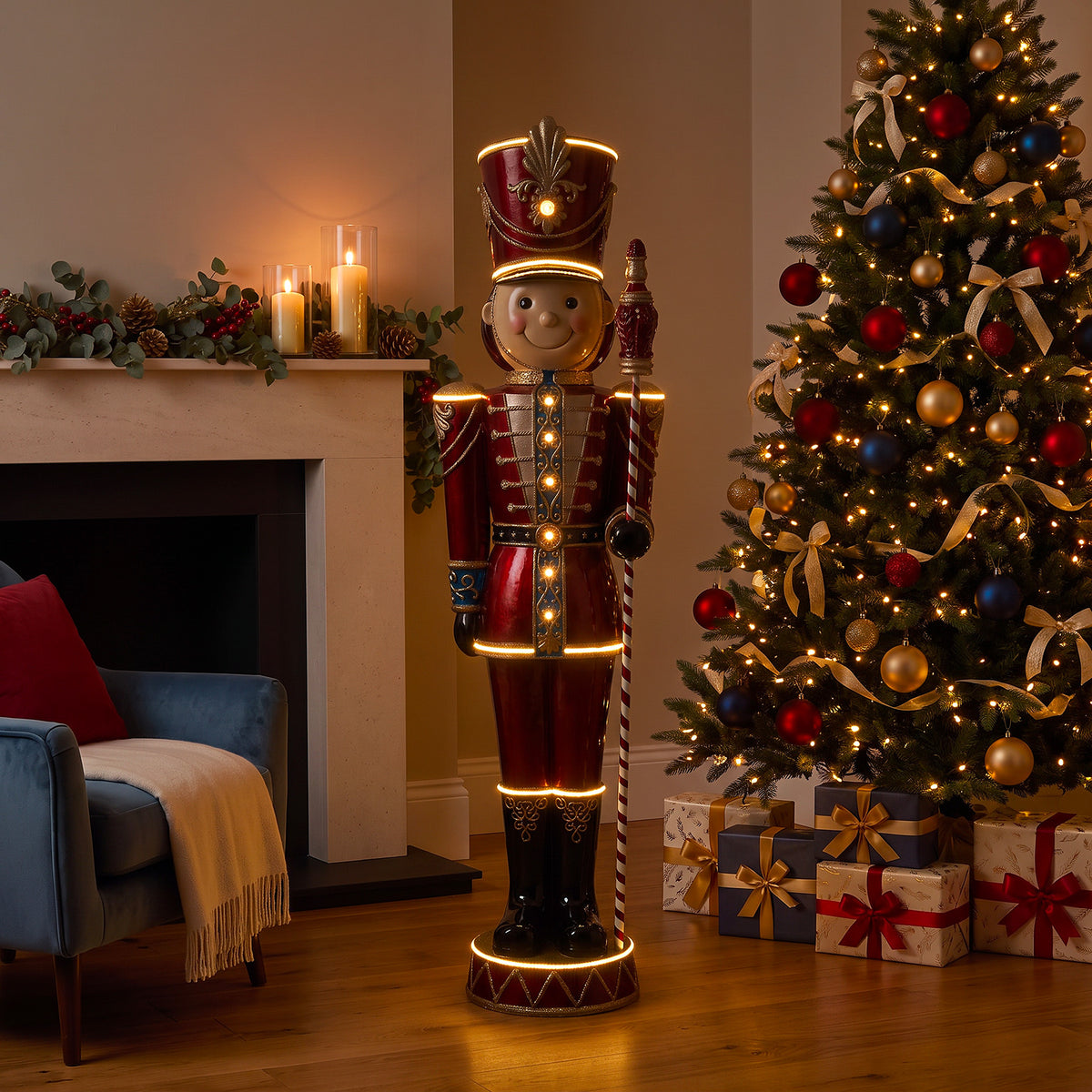 6ft Traditional Toy Soldier Christmas Nutcracker Red with Warm White LED Strip Lights
