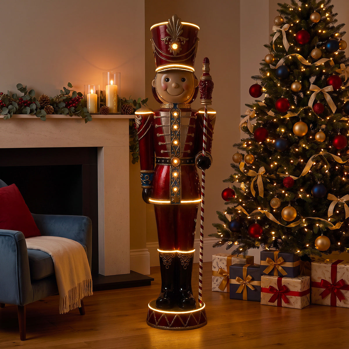 6ft Traditional Toy Soldier Christmas Nutcracker Red with Warm White LED Strip Lights