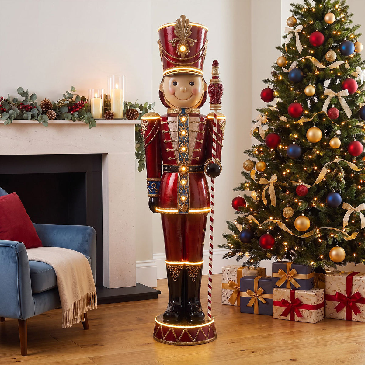 6ft Traditional Toy Soldier Christmas Nutcracker Red with Warm White LED Strip Lights