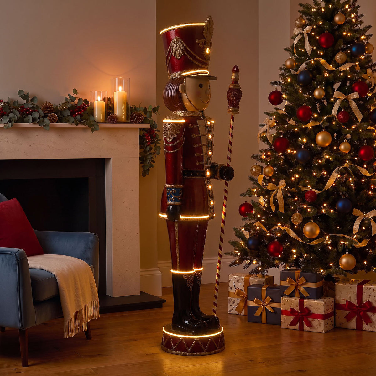 6ft Traditional Toy Soldier Christmas Nutcracker Red with Warm White LED Strip Lights