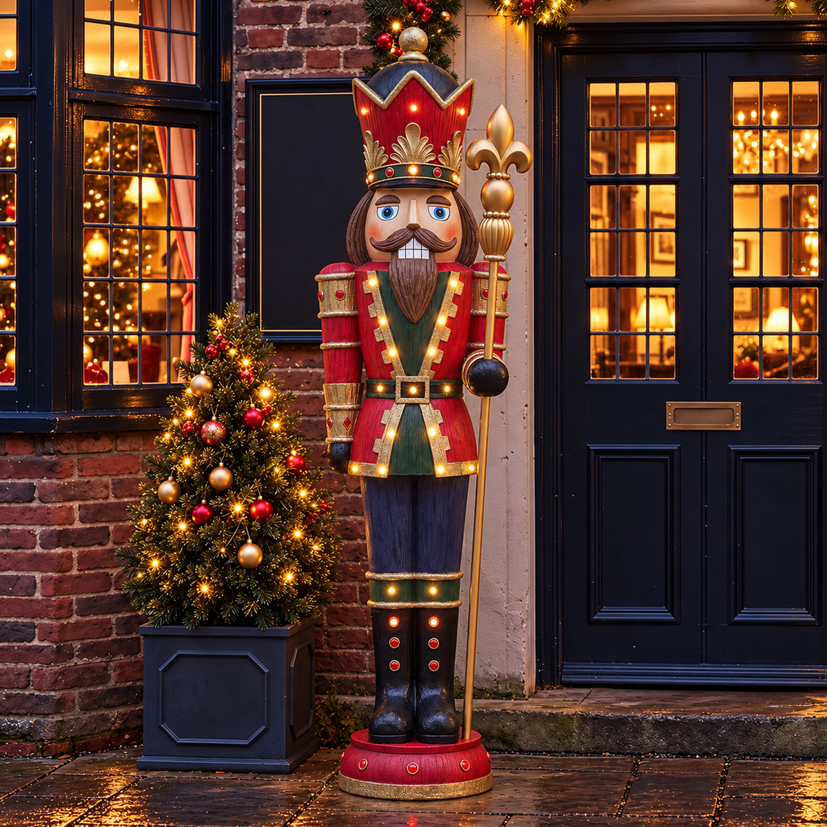 6ft Traditional Wood Effect Extra Large Christmas Nutcracker with Warm White LED Lights
