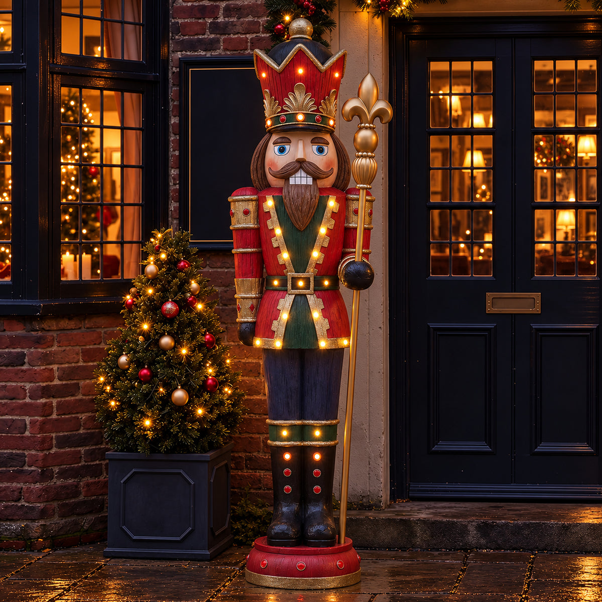 6ft Traditional Wood Effect Extra Large Christmas Nutcracker with Warm White LED Lights