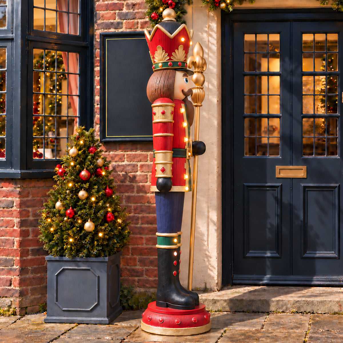 6ft Traditional Wood Effect Extra Large Christmas Nutcracker with Warm White LED Lights