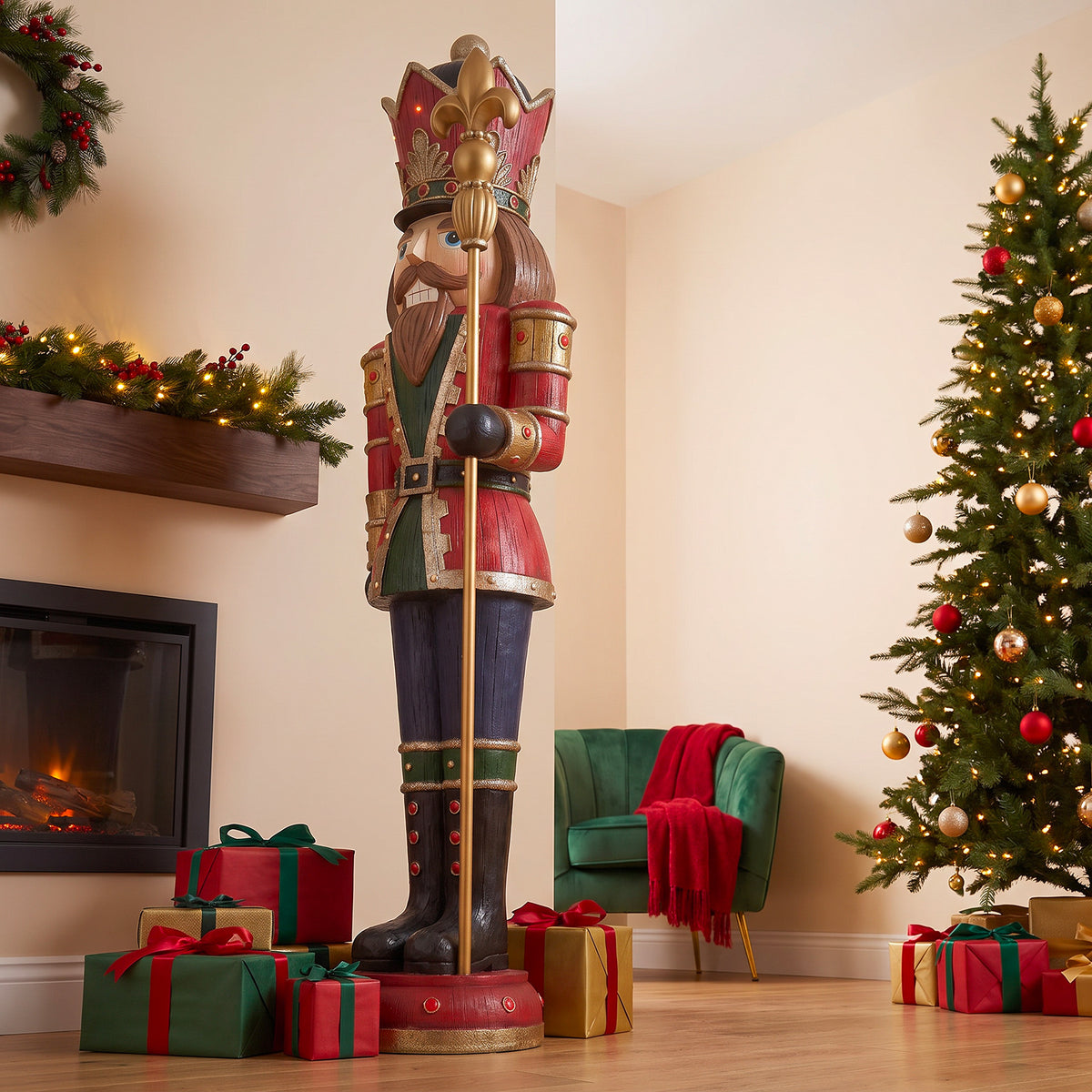 6ft Traditional Wood Effect Christmas Nutcracker with Warm White LED Lights