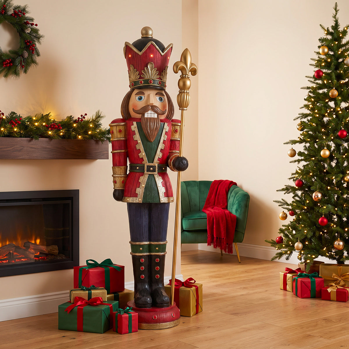 6ft Traditional Wood Effect Christmas Nutcracker with Warm White LED Lights