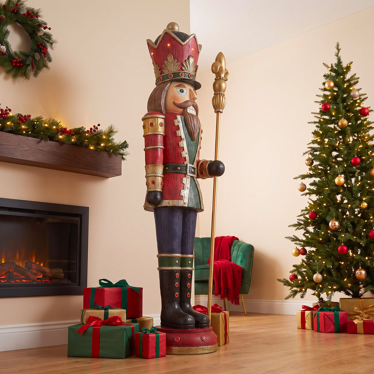6ft Traditional Wood Effect Christmas Nutcracker with Warm White LED Lights