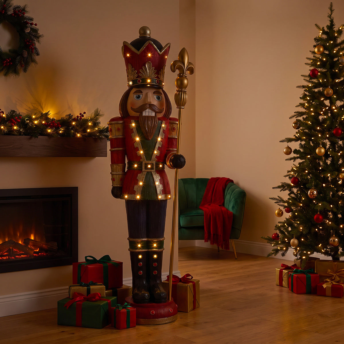 6ft Traditional Wood Effect Christmas Nutcracker with Warm White LED Lights