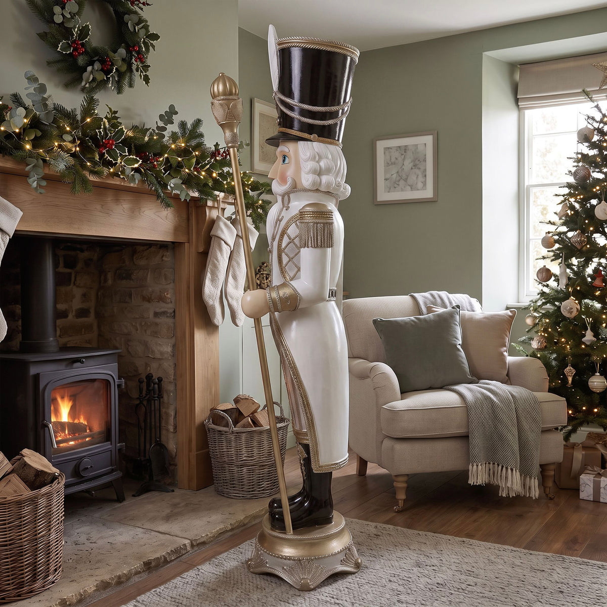 6ft Traditional Christmas Nutcracker Guard Champagne with Warm White LED Strip Lights