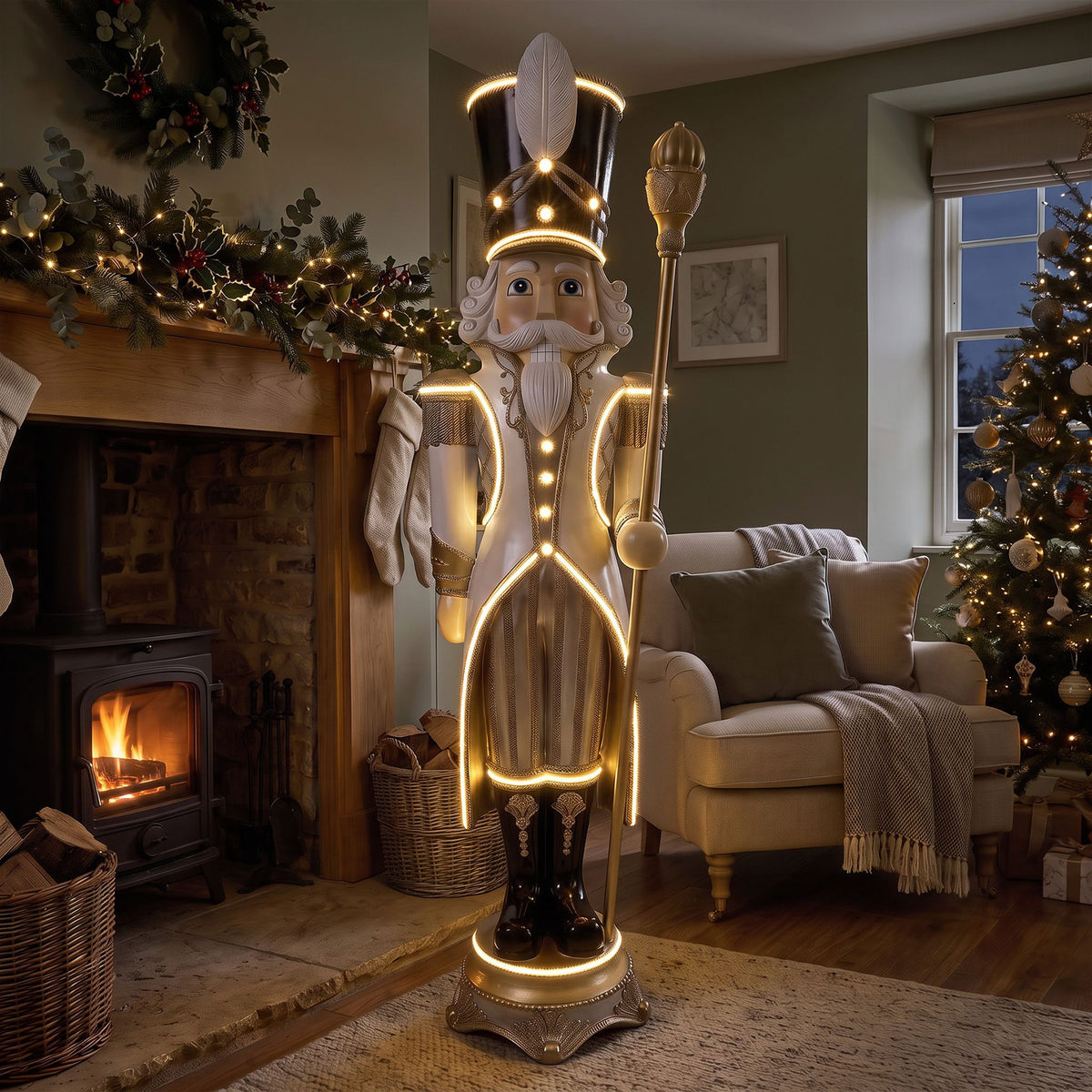 6ft Traditional Christmas Nutcracker Guard Champagne with Warm White LED Strip Lights