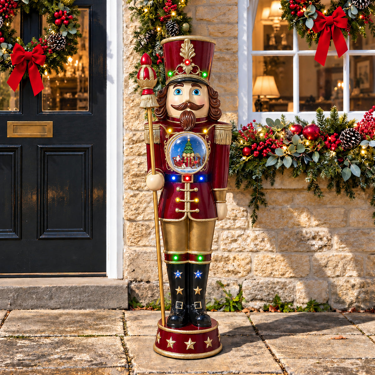 5ft Traditional Christmas Large Nutcracker with Animated Snow Globe & Multi-Coloured LED Lights