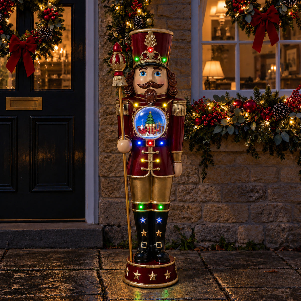 5ft Traditional Christmas Large Nutcracker with Animated Snow Globe & Multi-Coloured LED Lights
