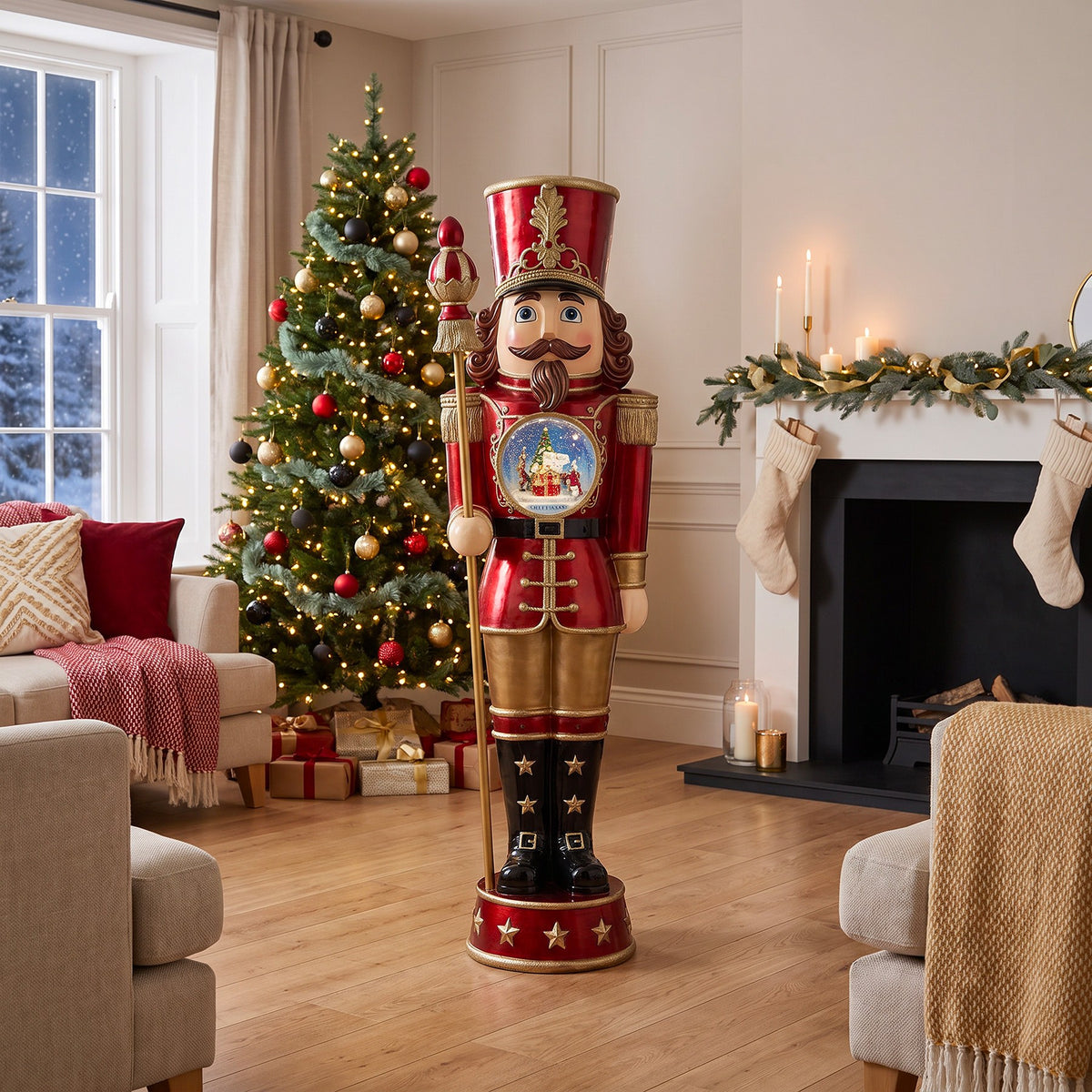 5ft Traditional Christmas Nutcracker with Animated Snow Globe & Multi-Coloured LED Lights